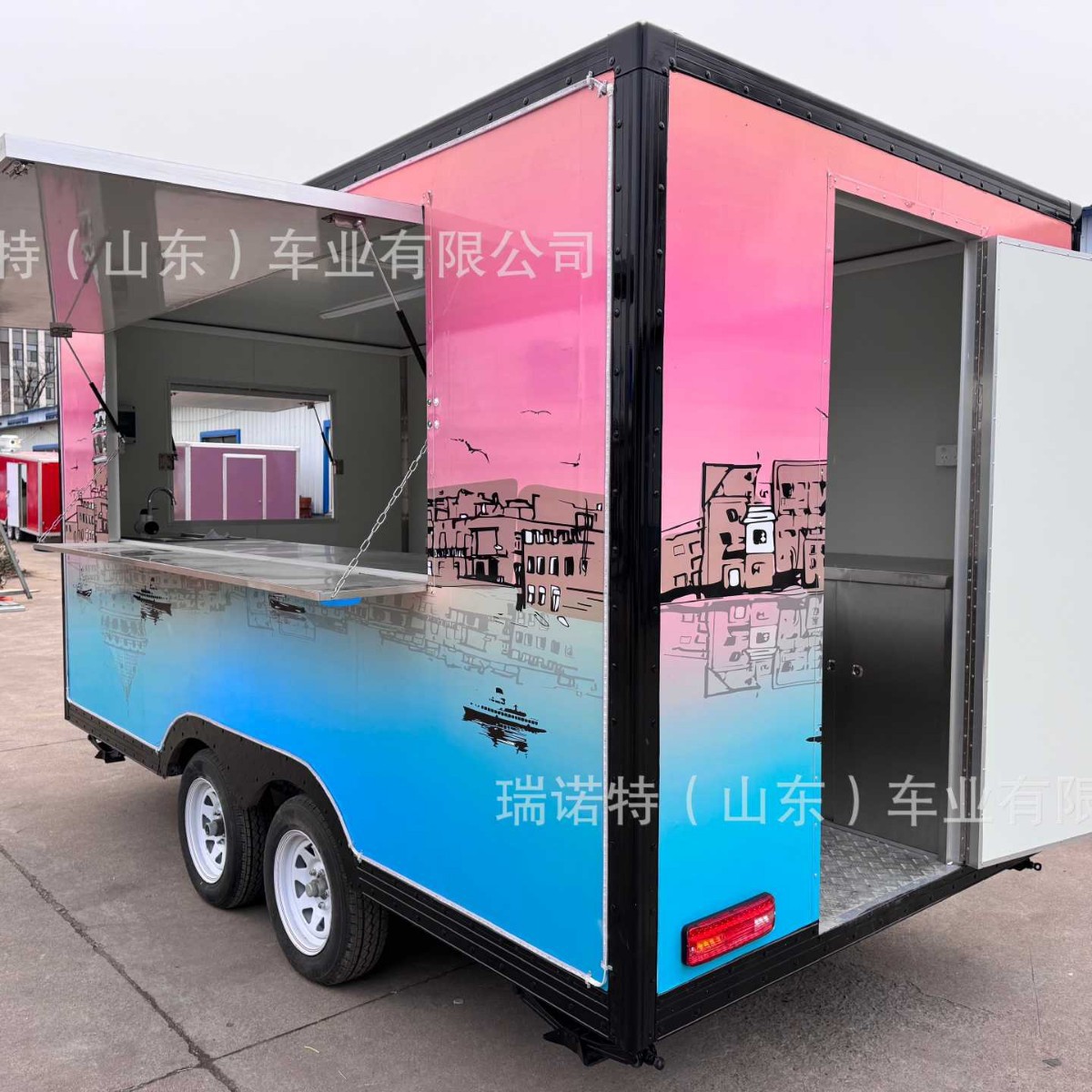 欧美热销定制图案拖挂式移动食品餐车热狗汉堡移动小吃车快餐拖车