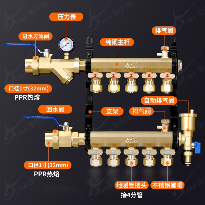 金牛黄铜地暖加厚大流量分集水器