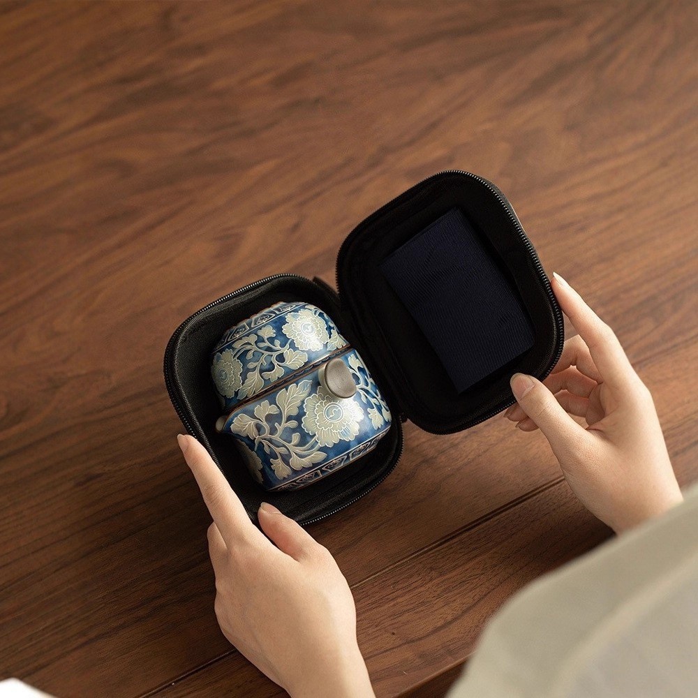 仿宋汝窑元青花双耳壶快客旅行茶具户外便携式一壶两杯陶瓷手抓壶