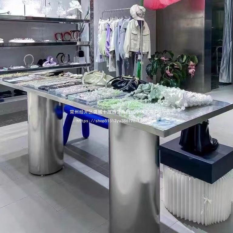 服装店陈列道具饰品展示桌子中间摆放流水台不锈钢拉丝中岛展示台