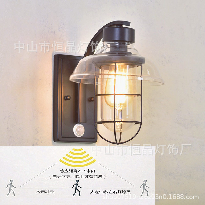 户外人体感应防水玻璃壁灯