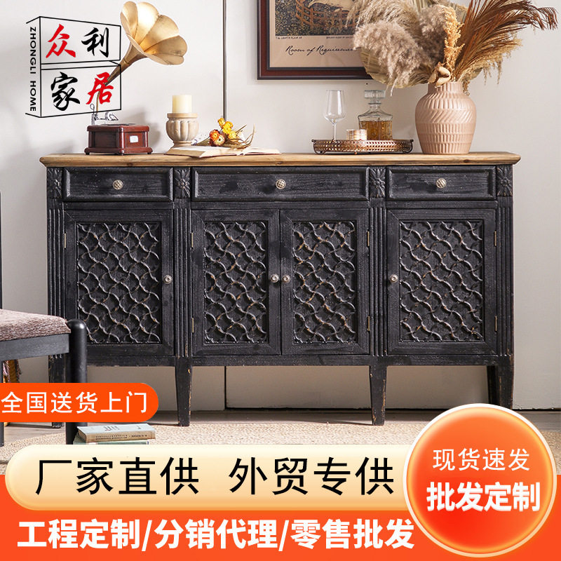美式复古实木玄关柜黑色做旧入户玄关柜民宿小户型收纳储物柜边柜