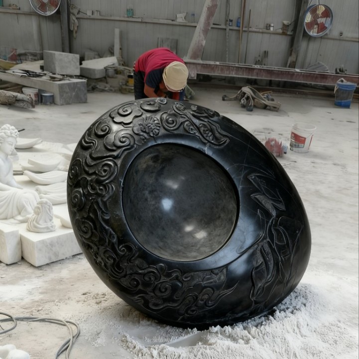厂家定制墨玉青石磨光手作石器石玩山水石雕缸手雕石刻艺术品摆件