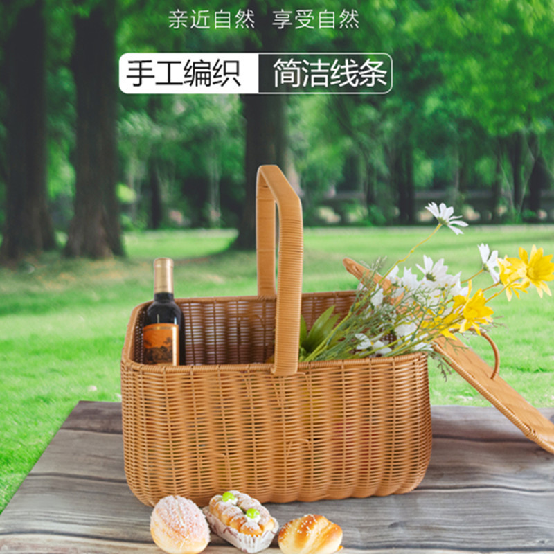 手工藤编野餐篮带盖户外露营手提篮子水果篮收纳篮家用供篮采摘蓝