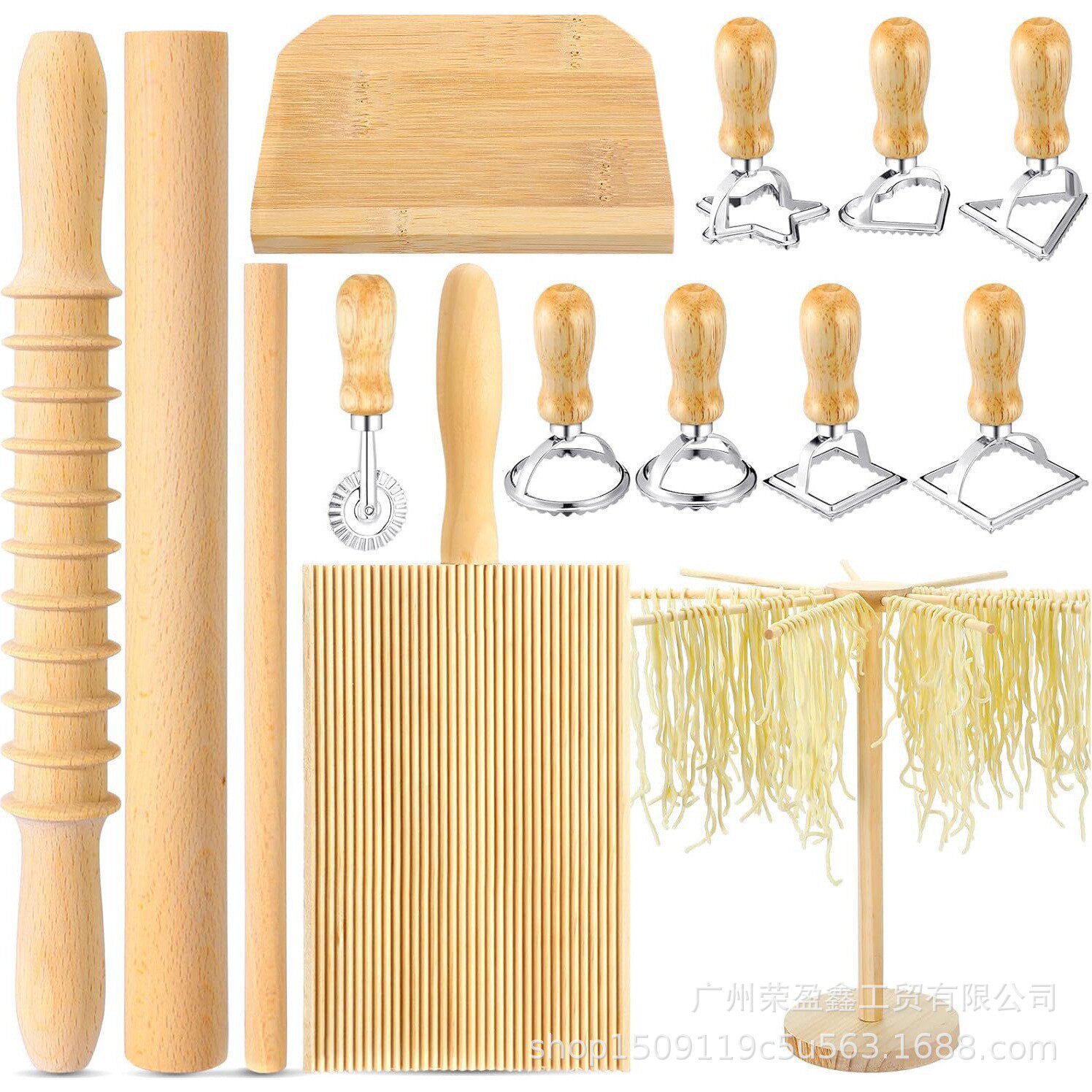 跨境热销14件套意大利面制作工具木制刮板擀面杖饺子制作DIY套装