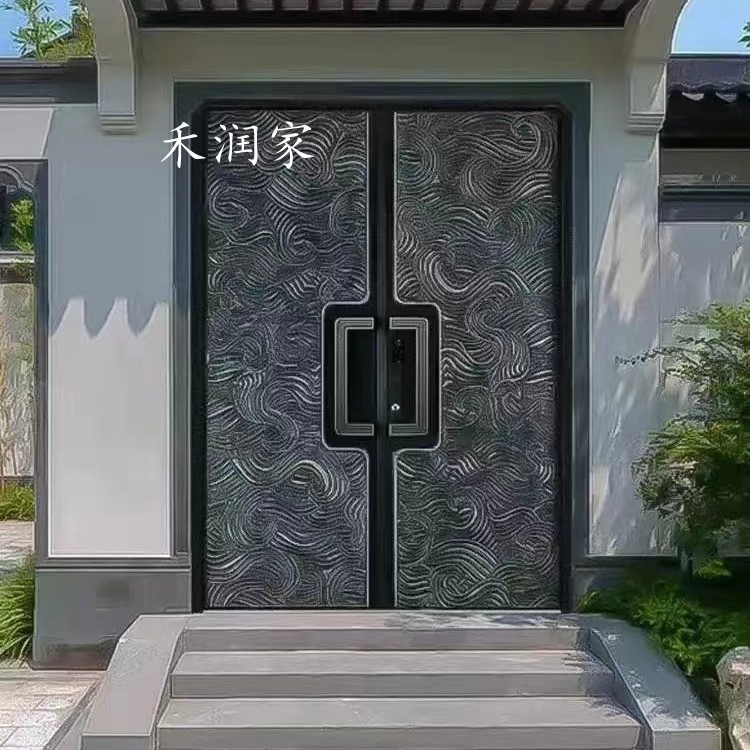 高端设计款精雕铝板高端别墅入户门标配铸铝拉手嵌入式智能锁