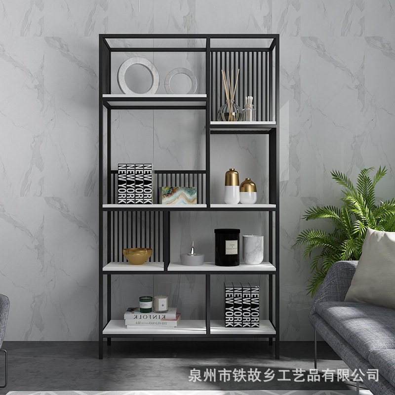 北欧风简约隔板置物架 创意客厅落地装饰展示架 卧室铁艺金色书架