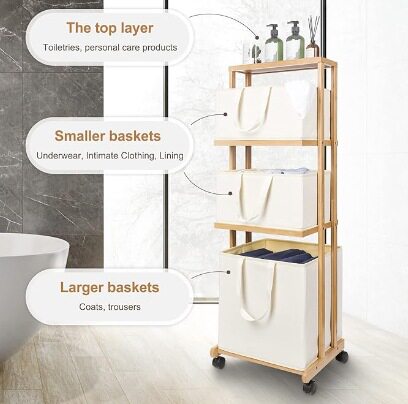 加工定制三层简约竹制收纳架收纳篮可移动家用浴室储物架