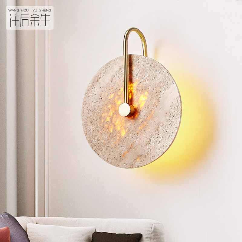 轻奢全铜卧室床头壁灯天然云石新中式别墅客厅墙灯设计师灯具