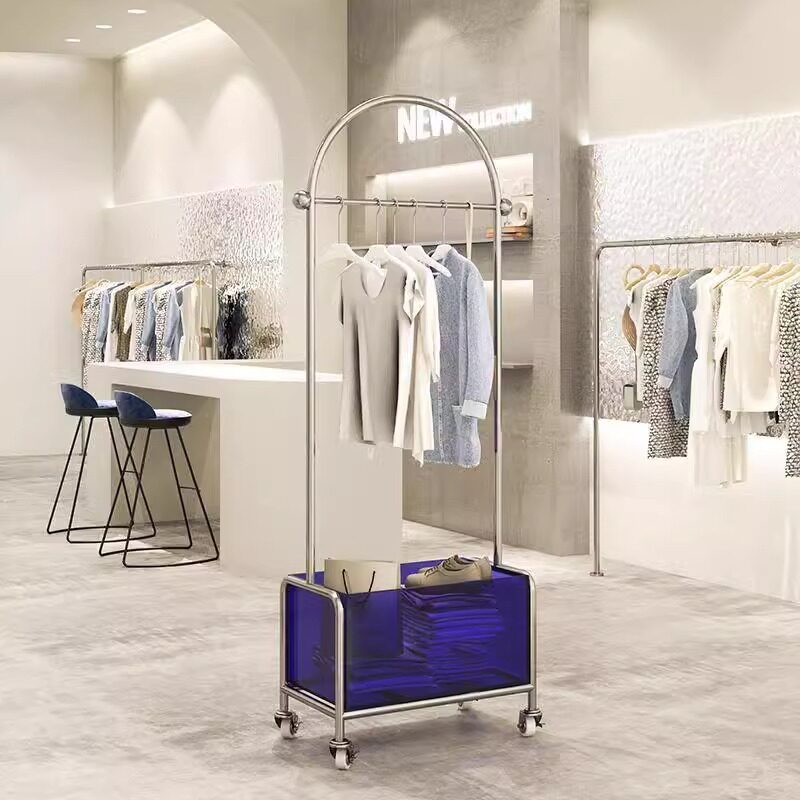 服装店展示架挂衣杆带轮子衣帽陈列货架亚克力衣帽架中岛立式