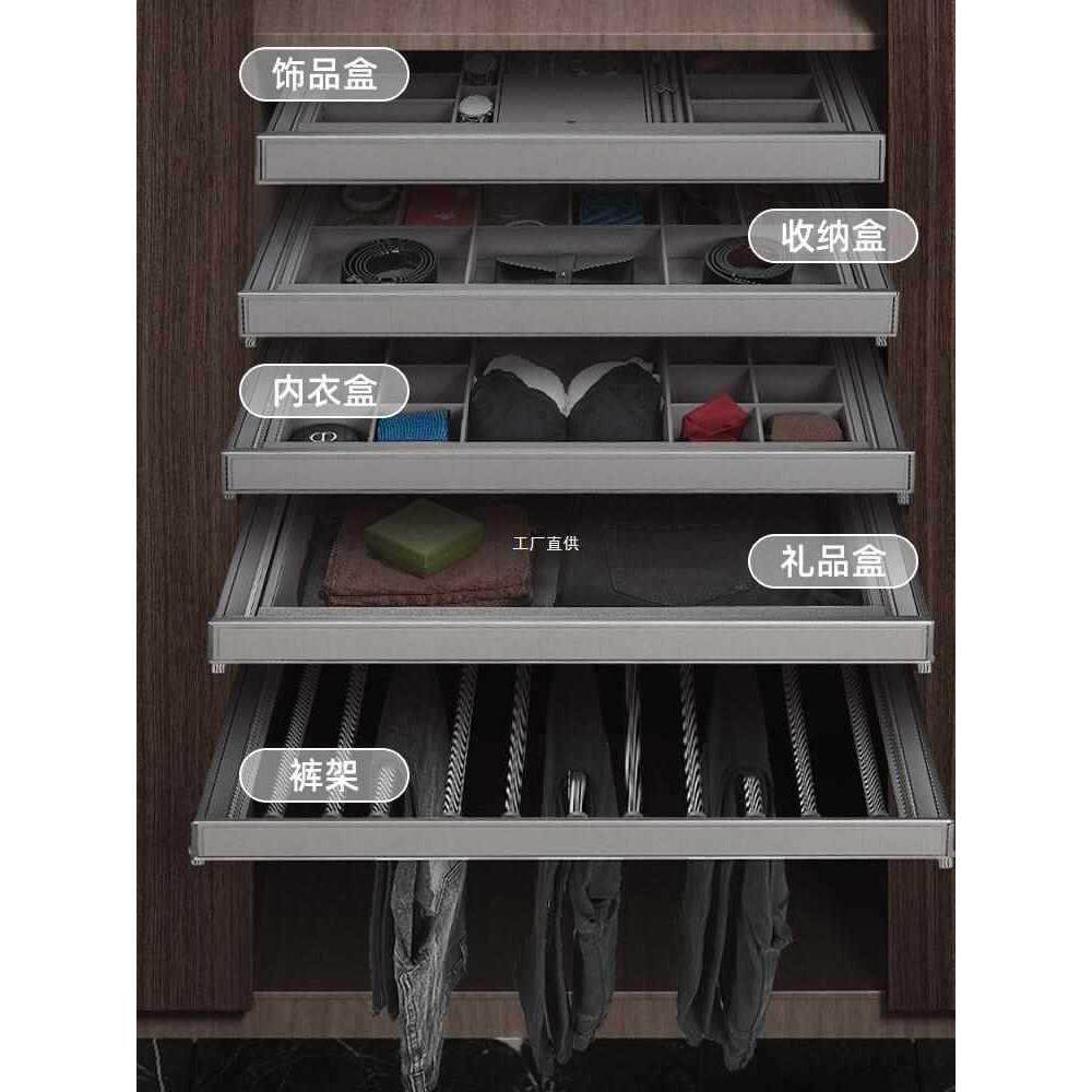 衣柜拉篮首饰盒抽屉式格子抽内置抽拉裤架可伸缩滑轨五金百宝格