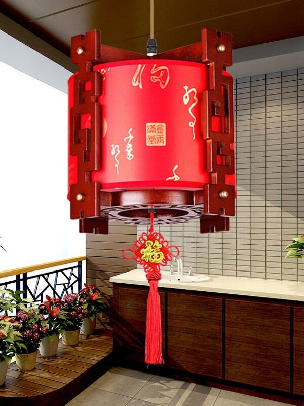 阳台灯笼吊灯红色喜庆新年乔迁茶楼实木中国风过道走廊仿羊皮创意