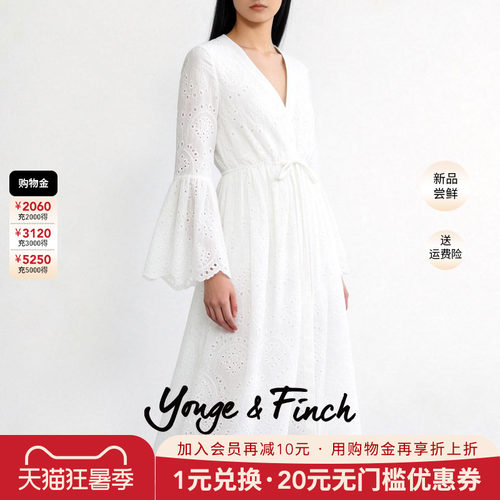 Yonge&Finch/扬芬缇重工珠片刺绣收腰V领白色连衣裙女 OLEANDERY