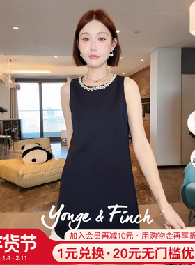 Yonge&Finch/扬芬缇2025夏季黑色无袖连衣裙收腰镶钻时尚裙VIOLAY
