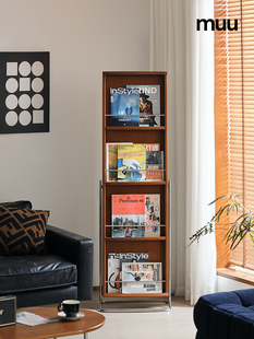 MUU覆古实木杂志架全身镜落地穿衣镜收纳展示卧室家用可移动镜子