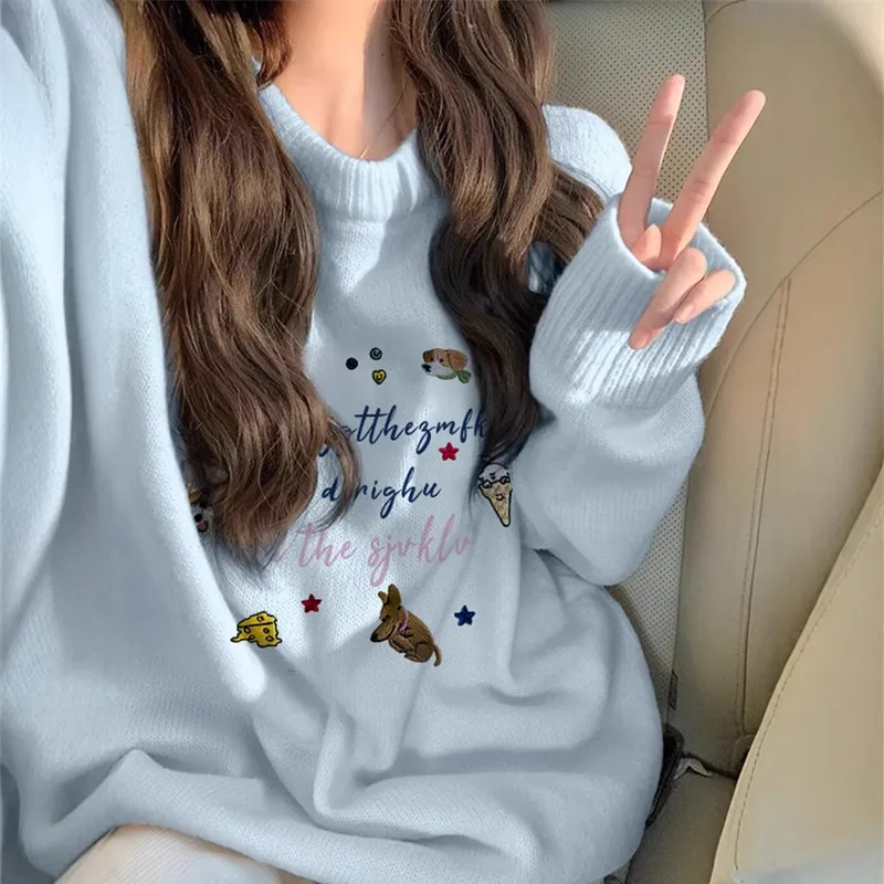 蓝色软糯毛衣女秋冬加绒加厚宽松慵懒风别致设计感套头针织衫上衣