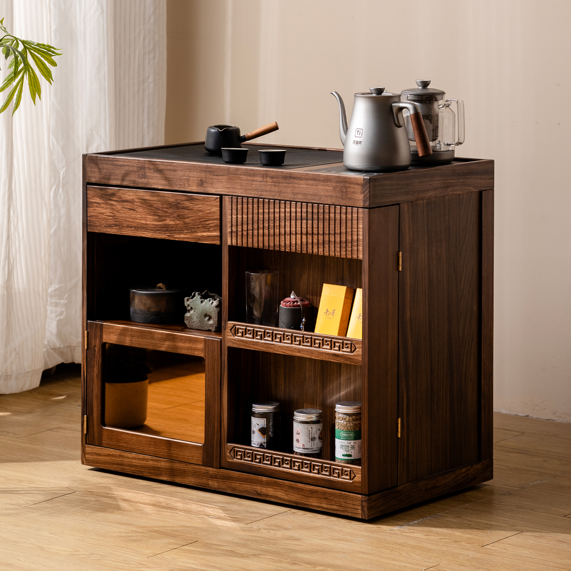 乌金木茶水柜可移动茶台烧水壶