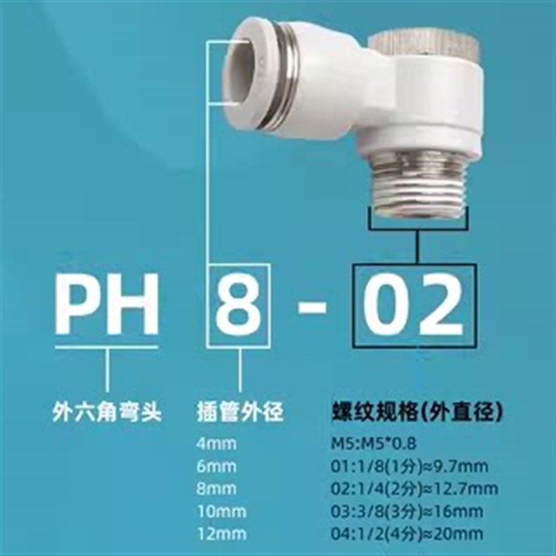 热销气管快速快插接头铜外六角螺纹气缸弯头配件大全PH4-M5/6-01/