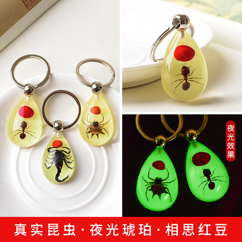 热销真昆虫标本琥珀钥匙扣夜光吊坠蝎子蜘蛛个性创意汽车钥匙挂件