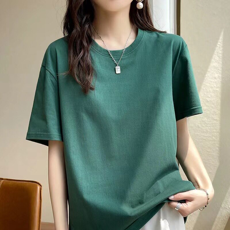 正肩短袖t恤女2026年春季欧货新款100%棉加大码女装宽松圆领