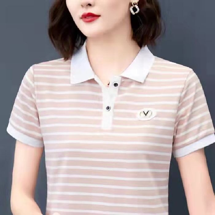 2026新款夏秋季polo衫翻领条纹短袖T恤女装新款潮流休闲大码上衣