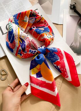 国风红蓝色牡丹花丝巾女士春秋款洋气70cm中小方巾高级感薄款围巾