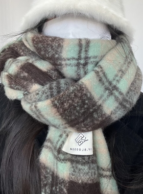 绿色复古格子围巾女秋冬季加厚保暖2025新款韩系氛围感学生大围脖