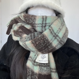 绿色复古格子围巾女秋冬季 韩系氛围感学生大围脖 加厚保暖2025新款