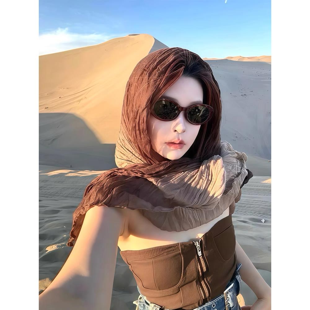 复古民族风围巾废土风亚麻褶皱头巾2025新款沙漠丝巾渐变文艺披肩