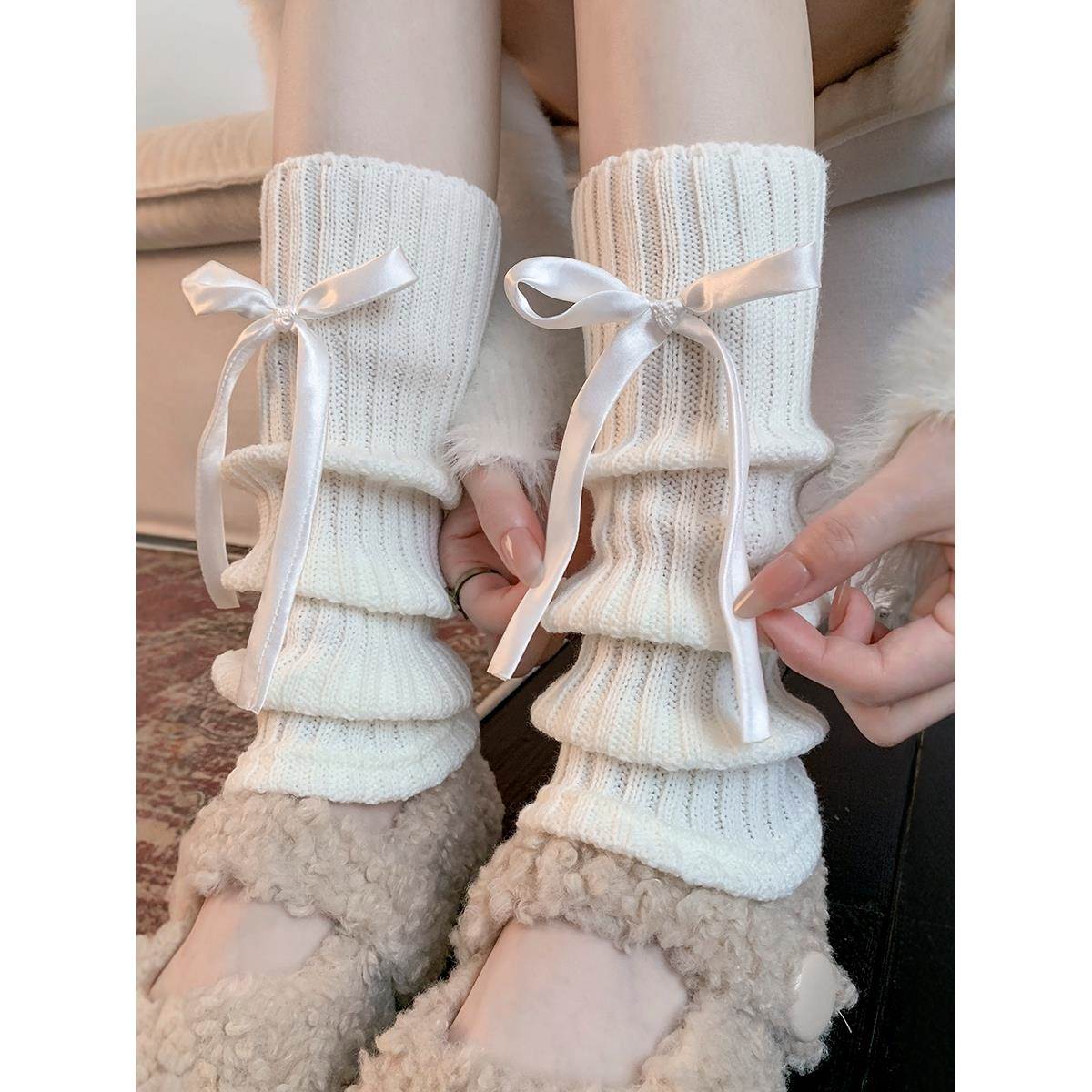 白色袜套女秋冬季蝴蝶结可爱jk小腿袜加厚保暖腿套芭蕾风堆堆袜子