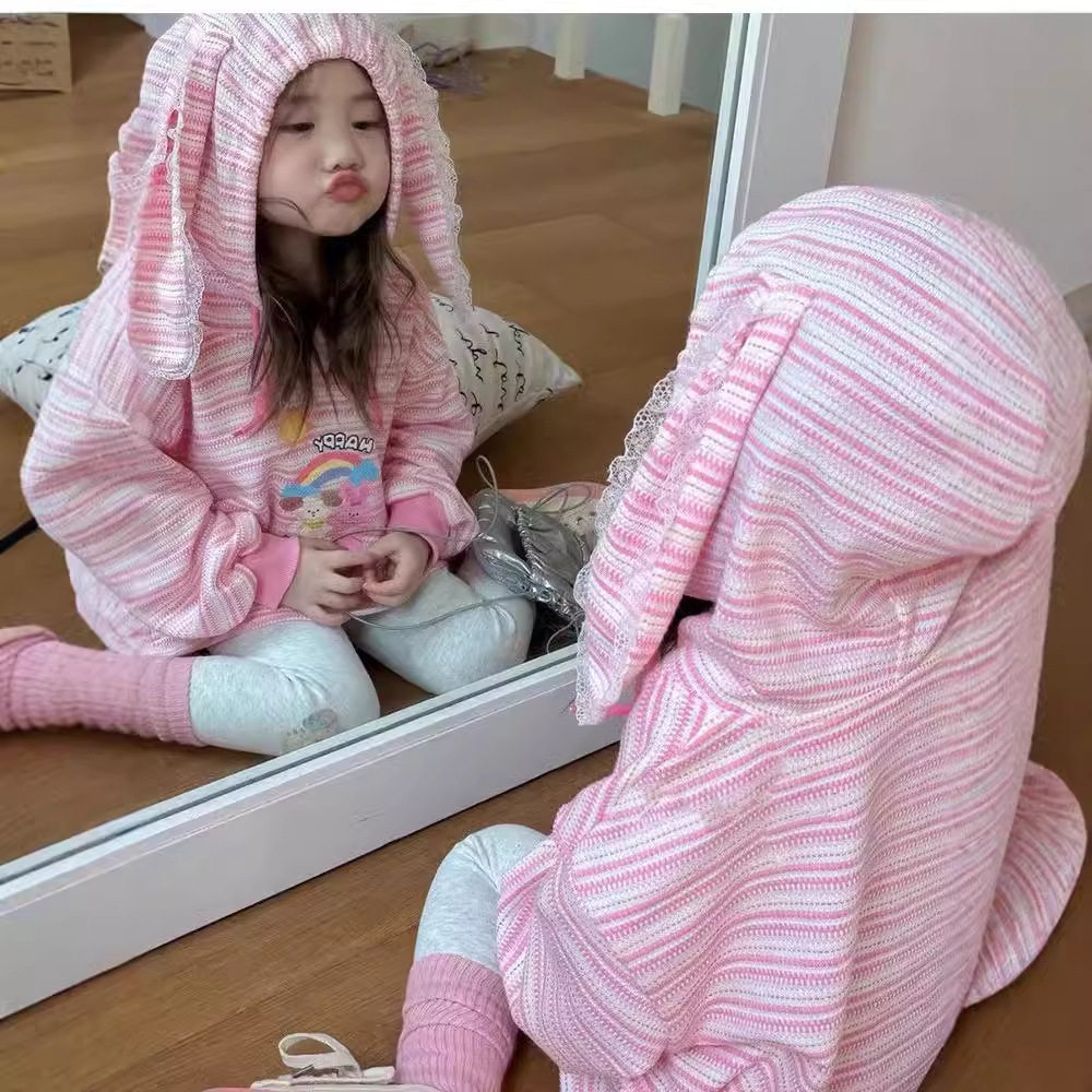 2025春款新款女童条纹兔耳朵长袖