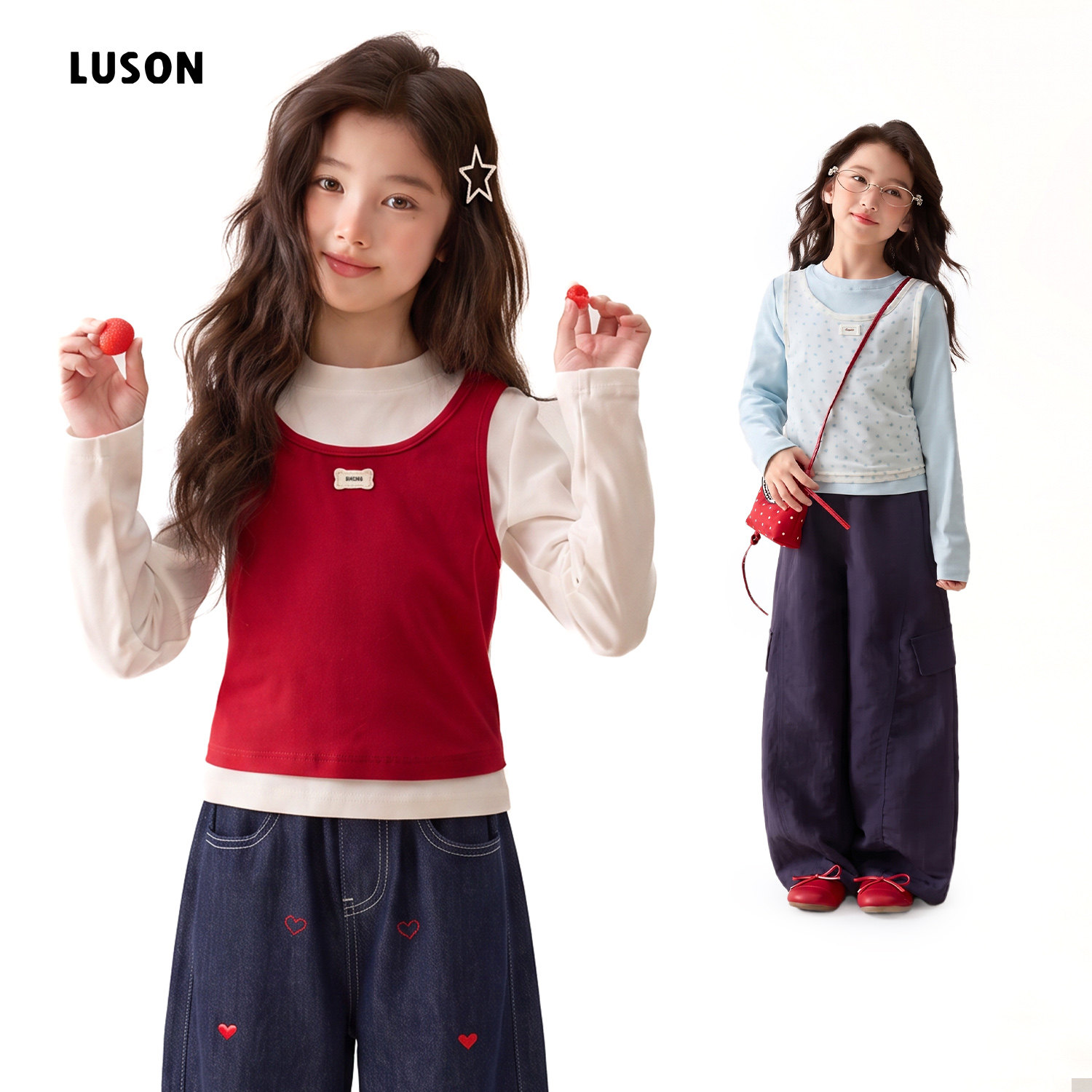LUSON女童韩系假两件长袖T恤洋气										