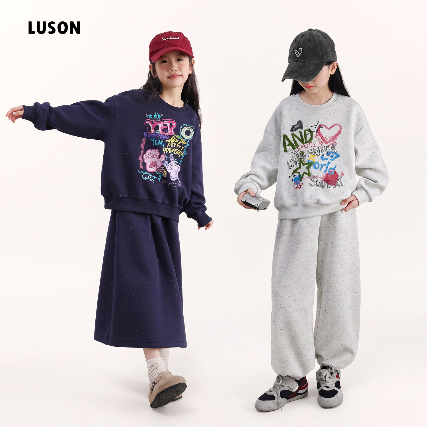 LUSON童装女童套装秋季新款时髦卫衣儿童休闲运动裤子中大童半裙