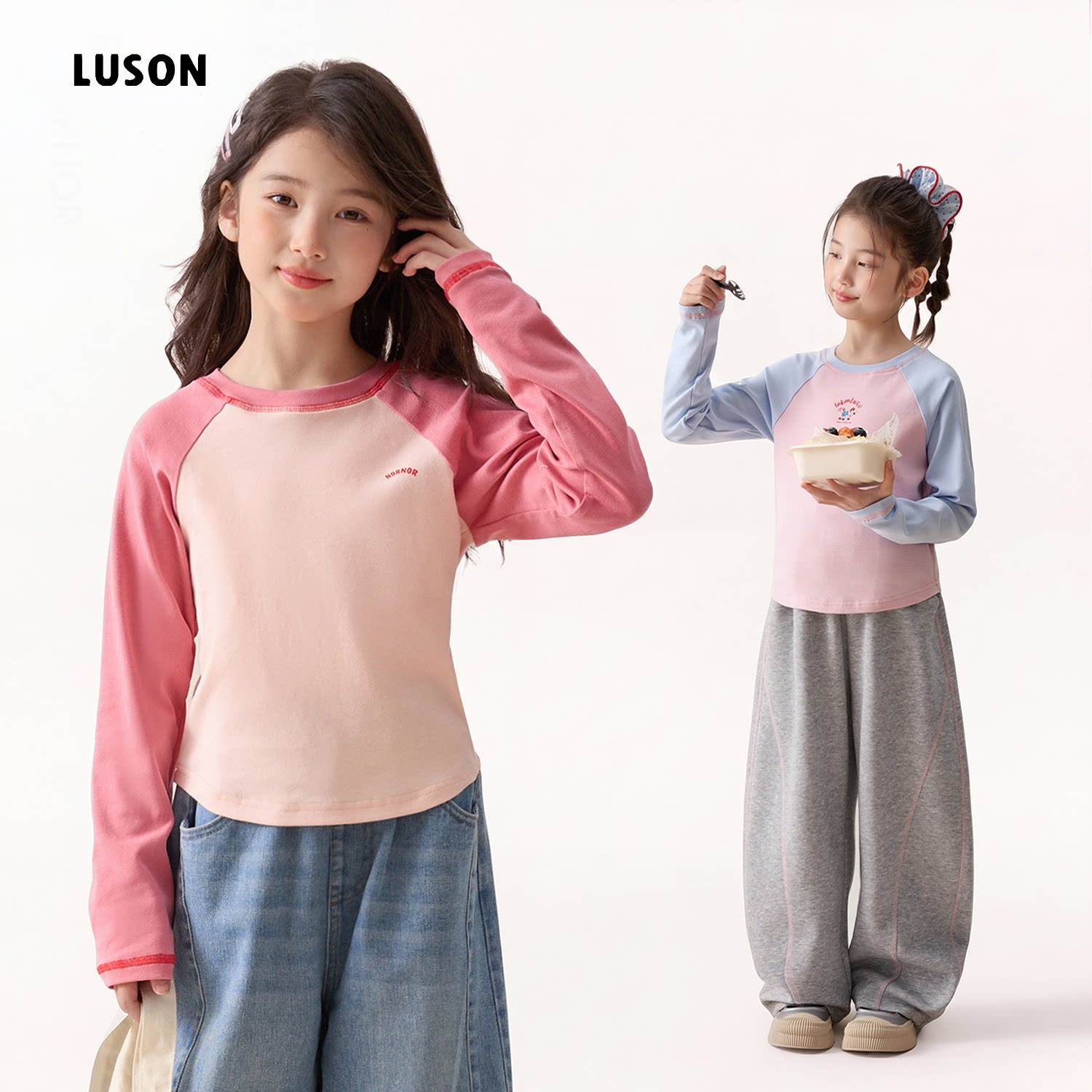 LUSON女童马卡龙撞色简约长袖T恤图片