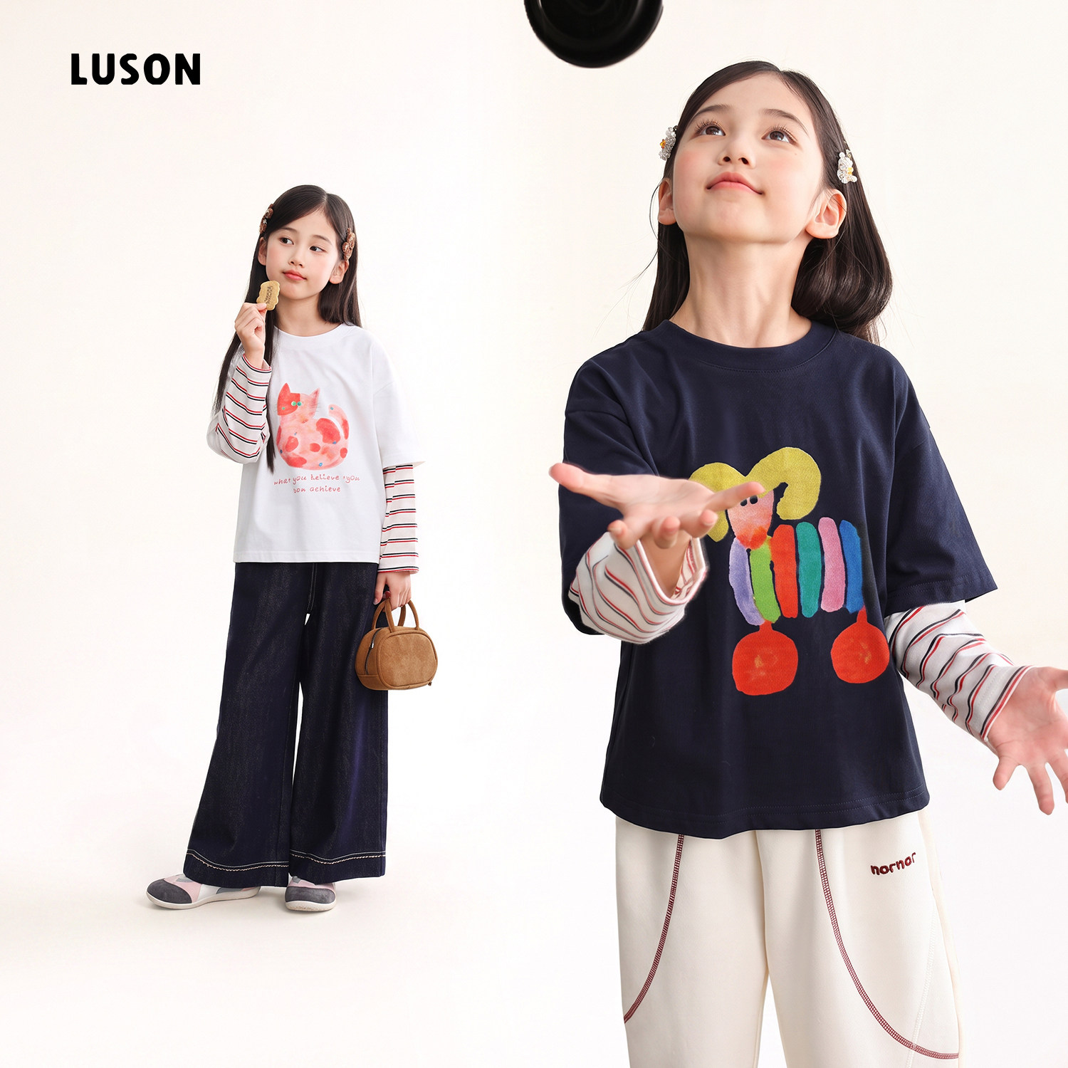 LUSON女童纯棉透气假两件T恤图片