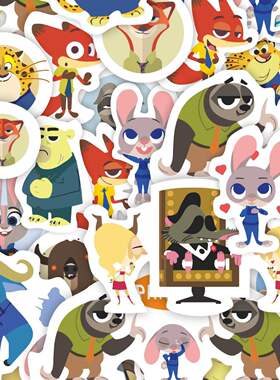 60张疯狂动物城贴纸可爱朱迪尼克贴画diy装饰小图案手账手机电脑