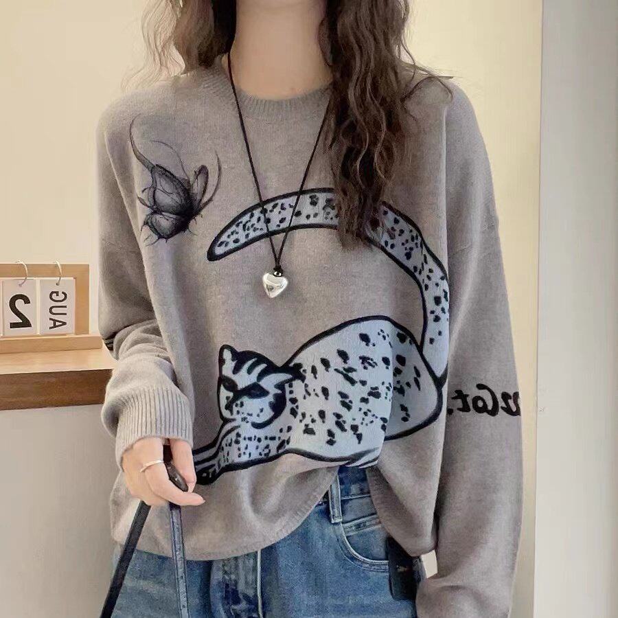 卡通猫咪印花羊毛针织衫女欧洲站2026早秋新款欧货女装宽松毛衣潮