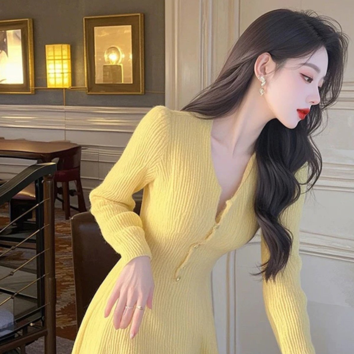 韩国独特超好看黄色毛衣针织连衣裙女秋冬气质温柔长款内搭毛衣裙