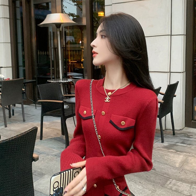 韩国气质名媛港式温柔淑女小香风红色排扣针织毛衣连衣裙过膝长裙