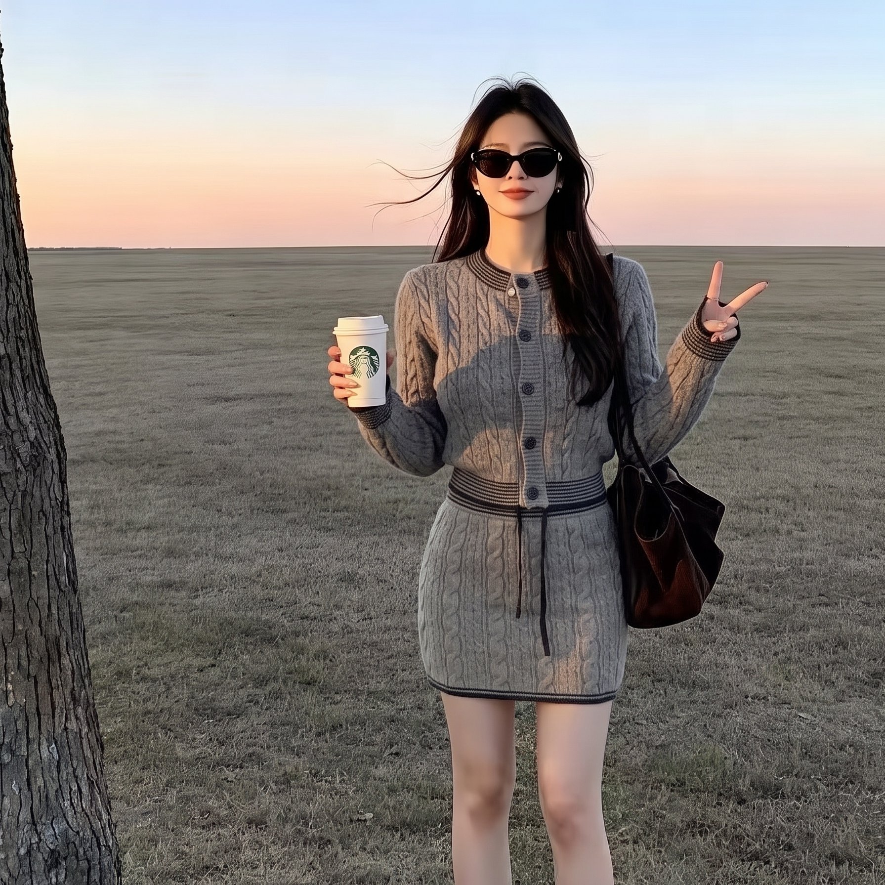 韩系麻花针织套装女秋季撞色条纹圆领长袖开衫+包臀半身裙两件套