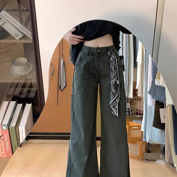 美式军绿色工装裤女新款多口袋复古休闲阔腿宽松直筒微喇牛仔裤子