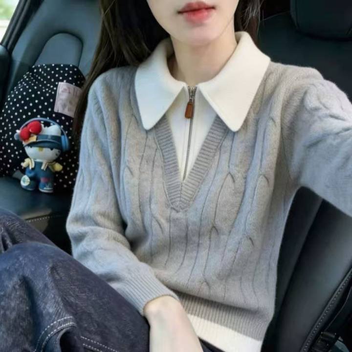 美拉德甜美风翻领半拉链假两件毛衣女春秋冬新款翻领针织衫上衣潮