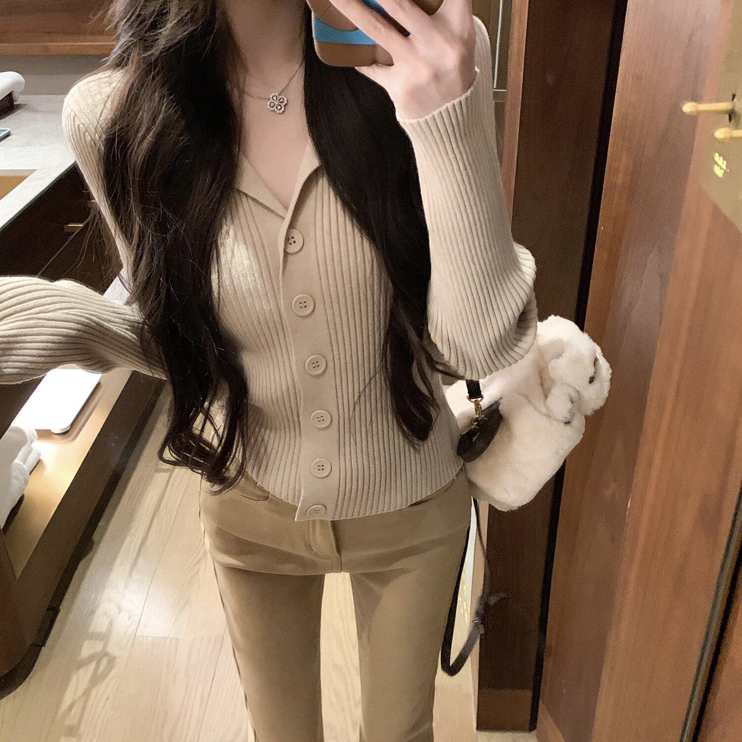polo领包芯纱针织开衫软糯修身长袖上衣减龄显瘦毛衣