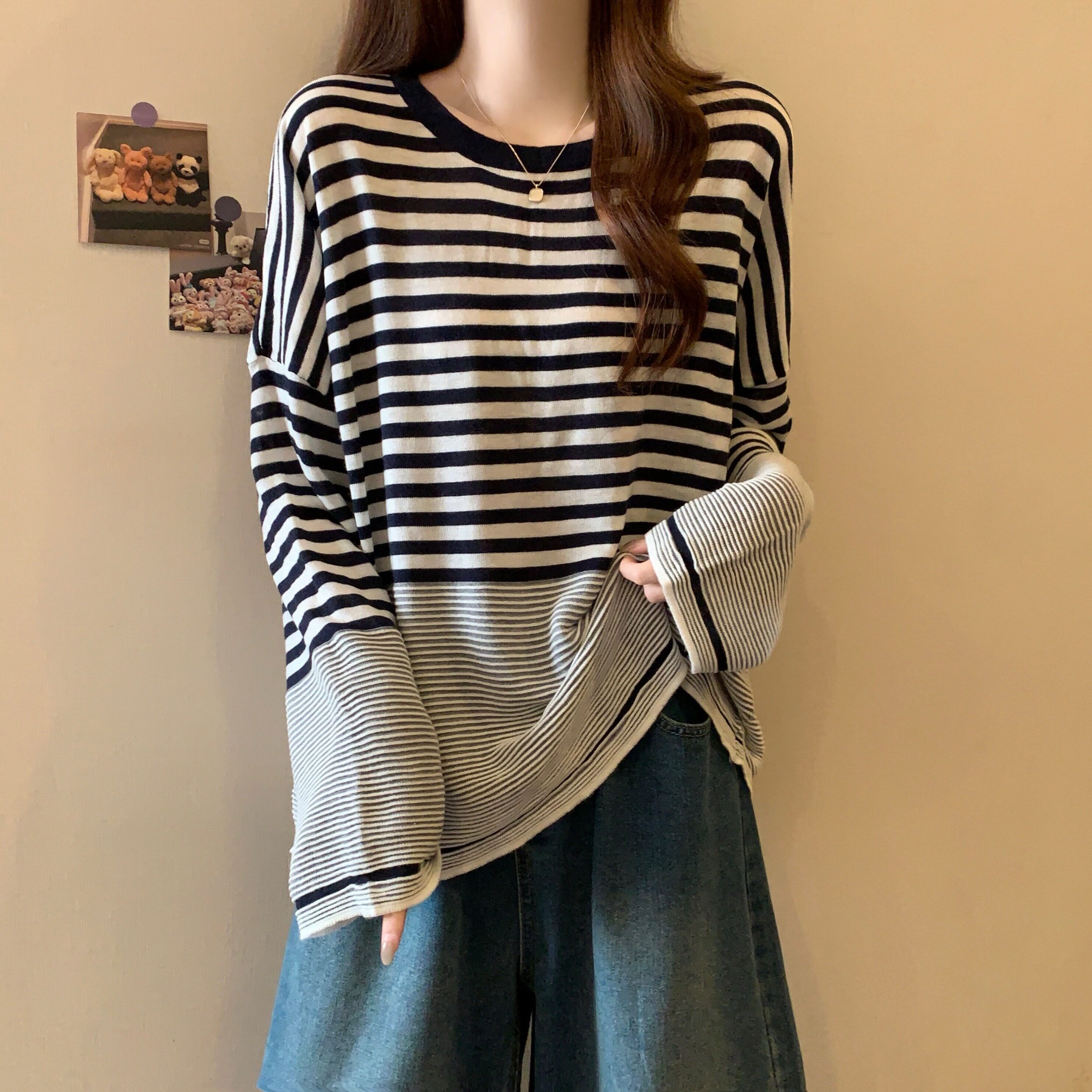 实拍大码宽松慵懒风条纹套头针织衫女夏季胖mm韩版百搭显瘦上衣