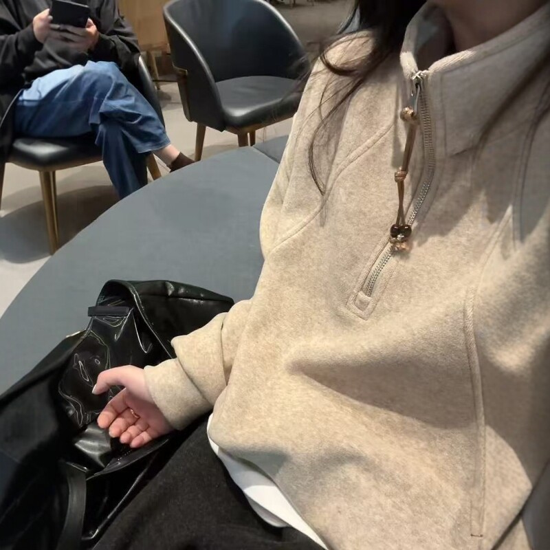 官图薄款420克卫衣女装秋冬新款潮宽松拉链纯色立领韩版上衣