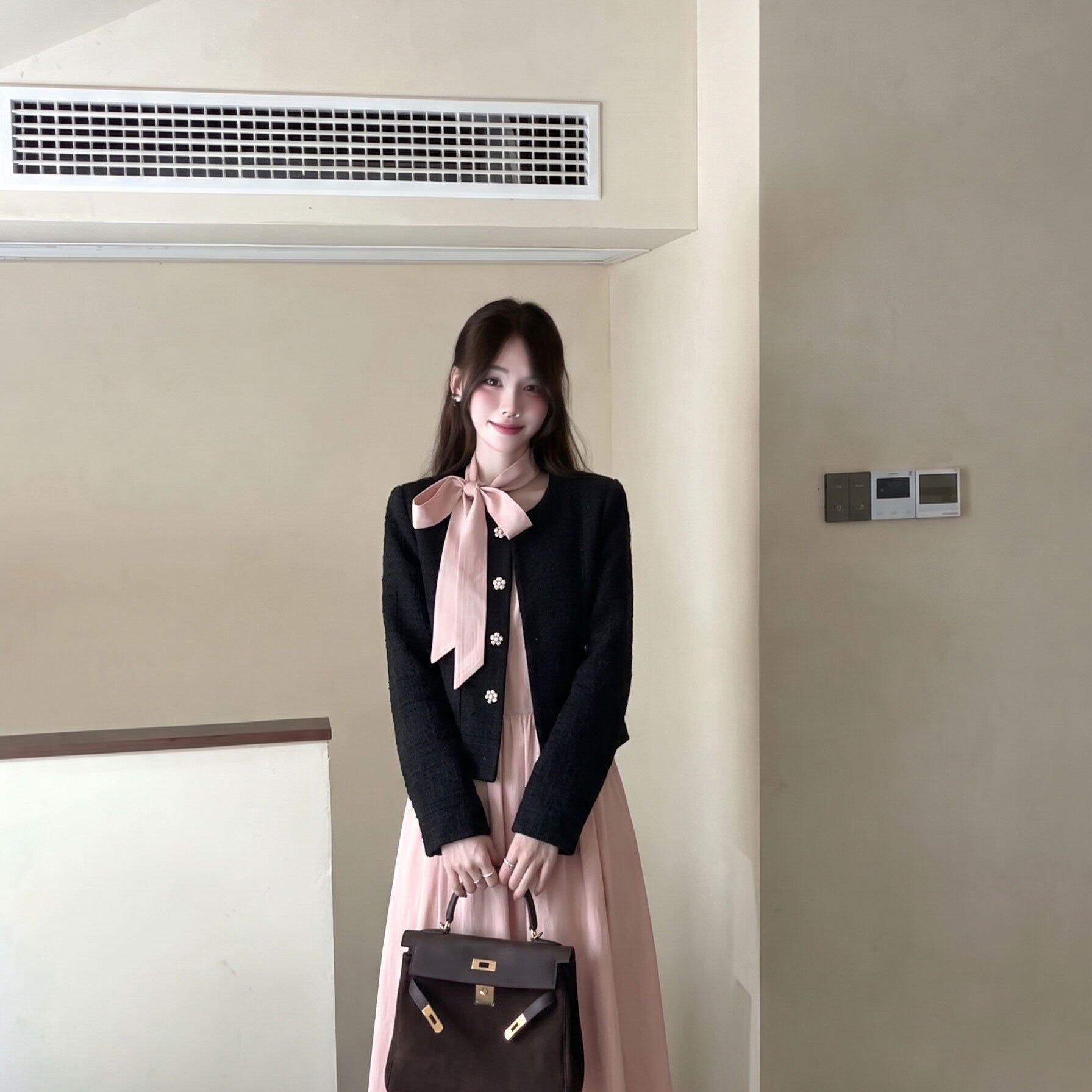 实拍大码女装韩系气质百搭小香风外套加大圆领长袖系带连衣裙套装