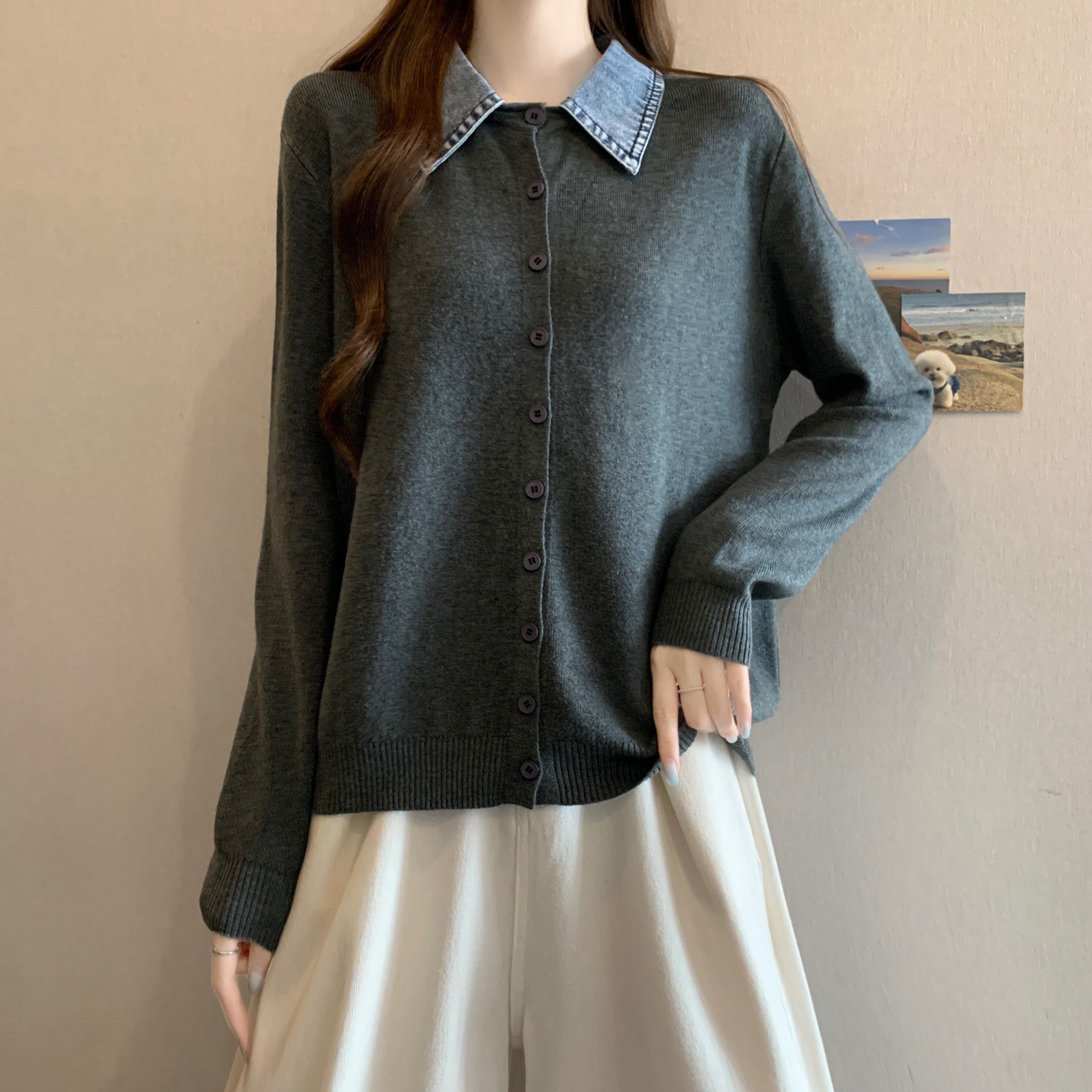 实拍大码牛仔领拼接针织开衫女胖mm假两件设计感宽松百搭外穿上衣
