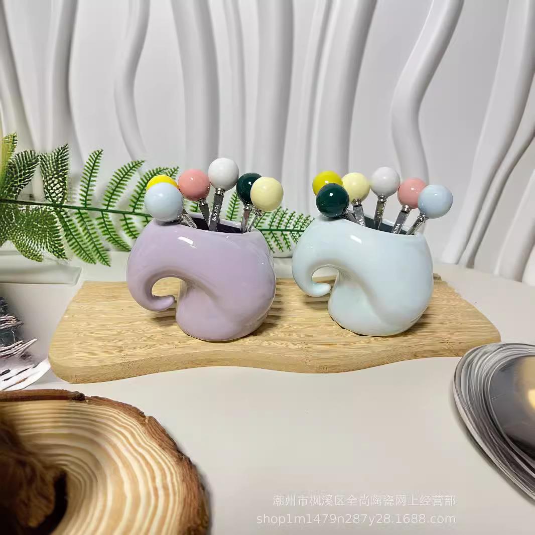 奶油风304不锈钢水果叉套装家用陶瓷水果签叉蛋糕点心叉