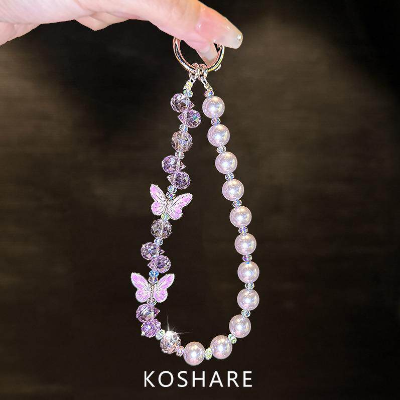 烟雨粉蝶彩色闪钻斜挎手机链轻奢高级感水晶包包挂饰精致手提挂链