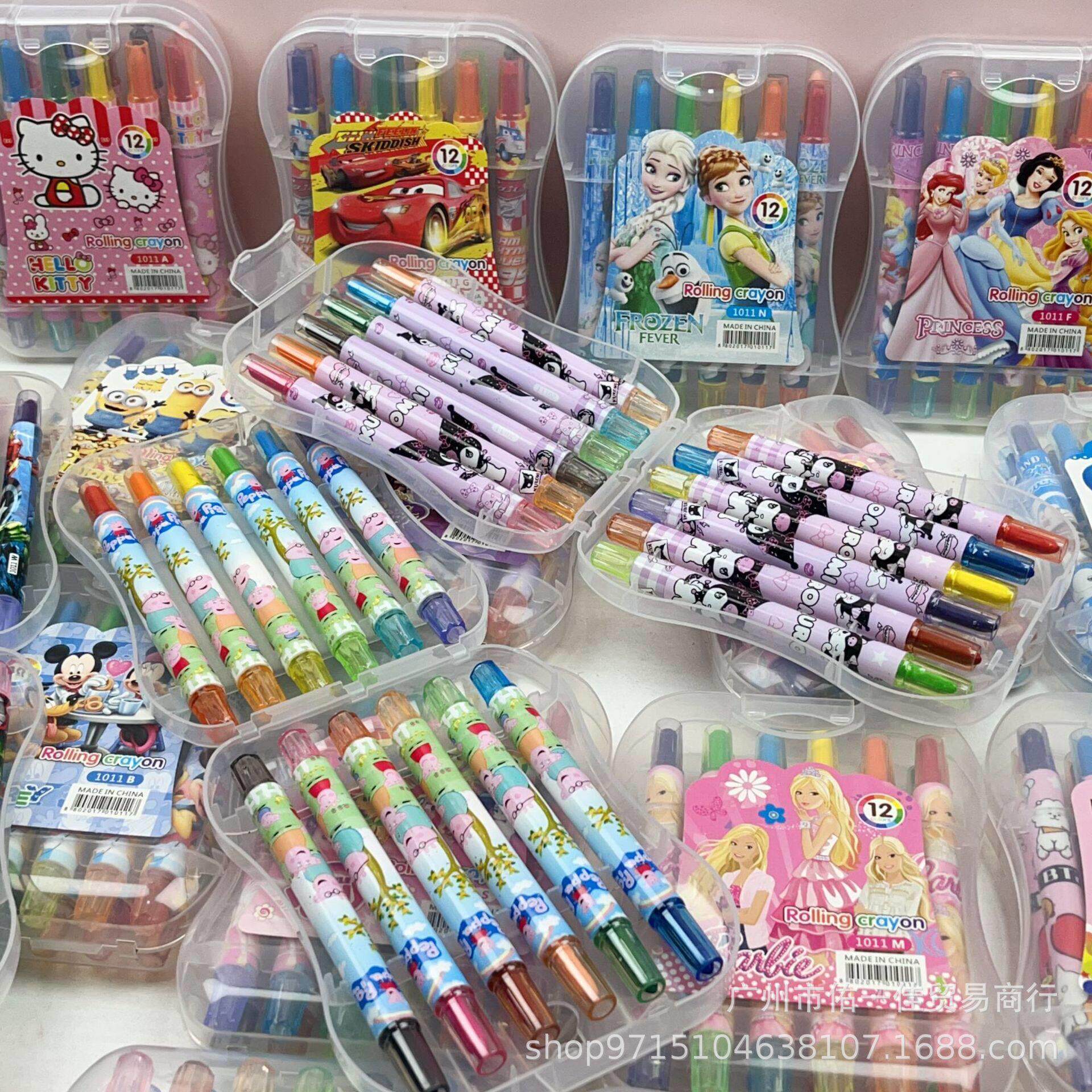 外贸卡通蜡笔盒装12色儿童画画彩笔不脏手安全环保学生旋转油画笔